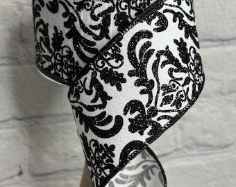 White Wired Ribbon with Black Damask Design 2.5” x 10 Yards, Ribbon for Wreaths, Crafts or Floral Designs, RGB1325x6