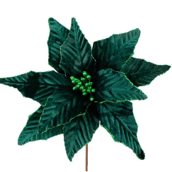 Dark Green Velvet Poinsettia Pick 15" L x 12" Dia Winter Spray for Wreaths, Centerpieces, Swags, Garlands and Christmas Trees 85517DKGN