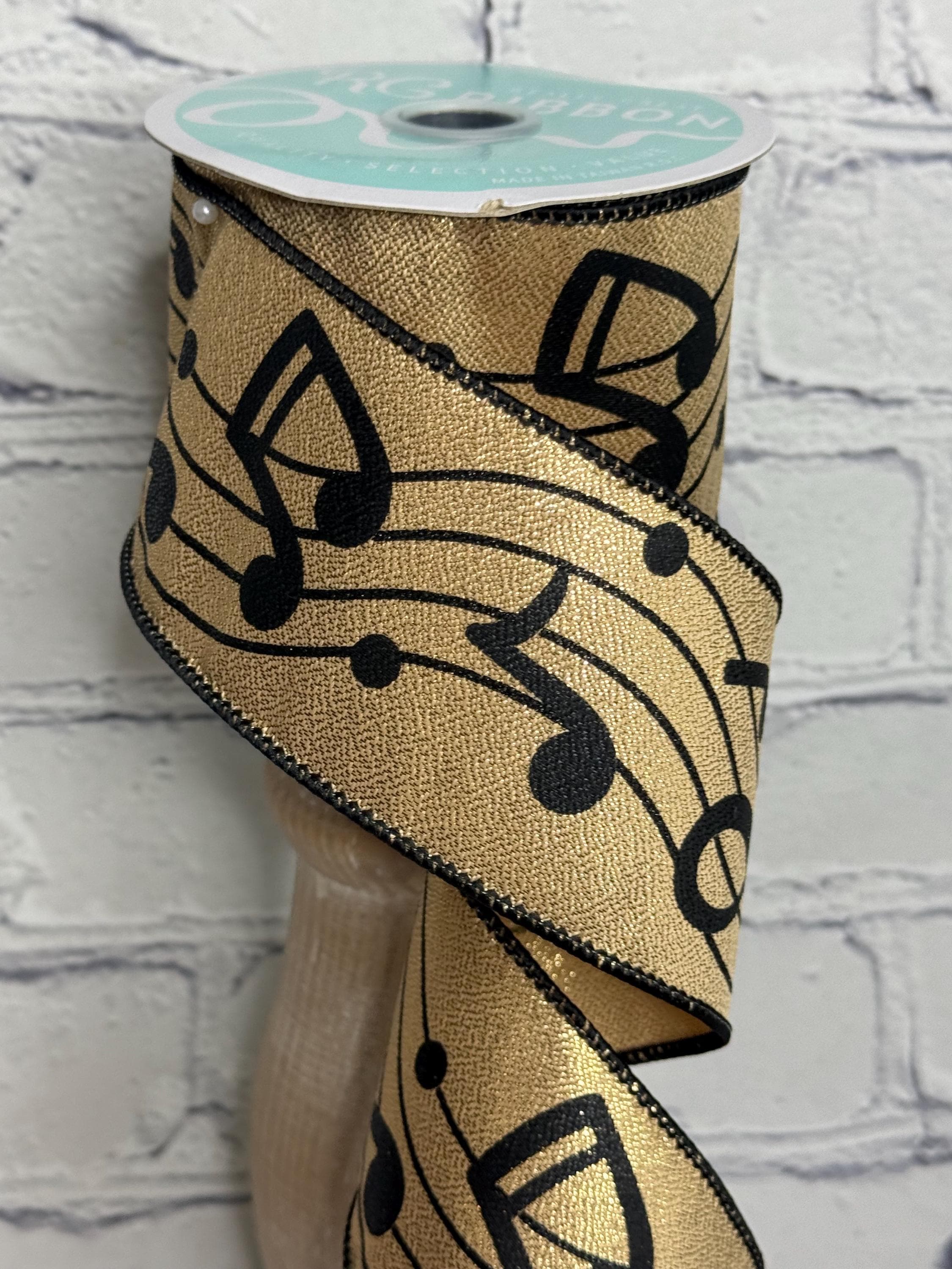 Bold Music Notes Ribbon – Metallic Gold With Black Notes, 2.5