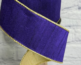 Purple Slub Dupion Ribbon With Metallic Gold Back, Regal Purple