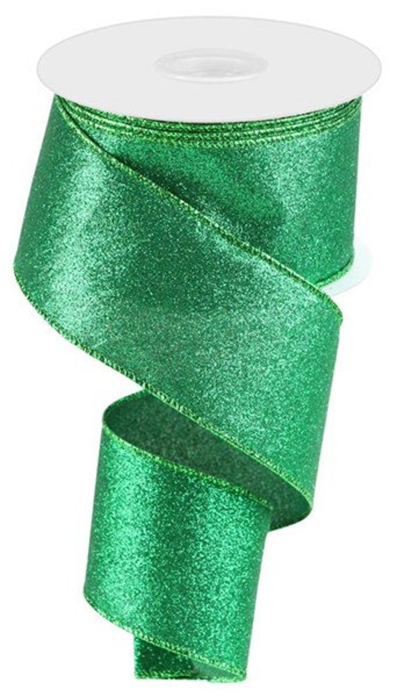 2.5 Emerald Green Glitter Ribbon - Wired Christmas Ribbon - 10 Yards