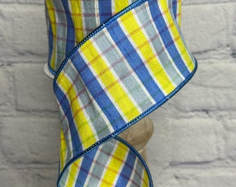 Blue and Yellow Pastel Plaid Wired Ribbon, 2.5" X 10 Yards Farrisilk Ribbon, RK045-05