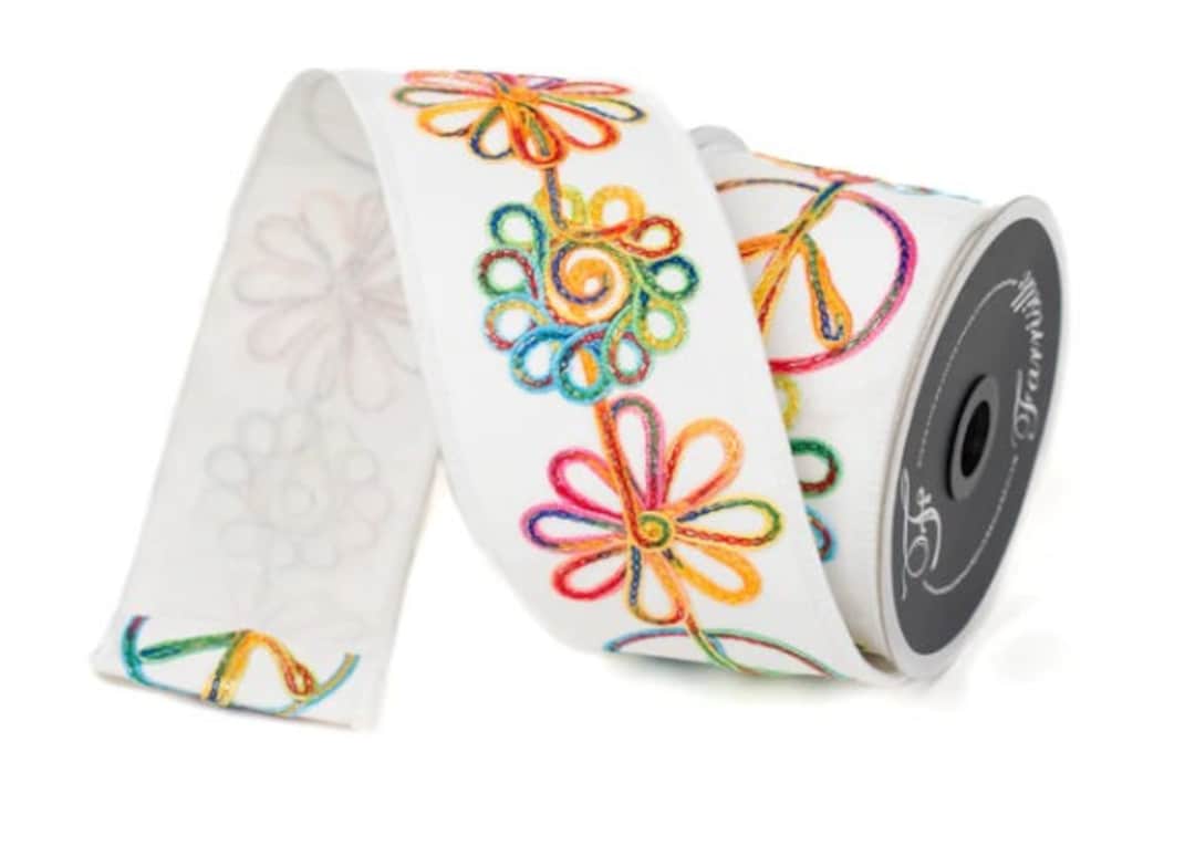 White Whimsy Hippie Ribbon 2.5” X 10 Yards, Hippie Ribbon, Peace Sign ...