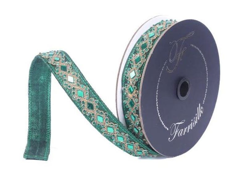 Farrisilk Emerald Green Diamond Gem Ribbon With Gold Trim – .75