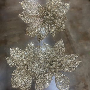 Champagne Glitter Poinsettia Stem x 3, Winter Spray for Wreaths, Centerpieces, Swags, Garlands and Christmas Trees MTX70565