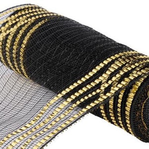 Black Matte with Metallic Gold Border Mesh  10.25" X 10 Yards RY8516F8