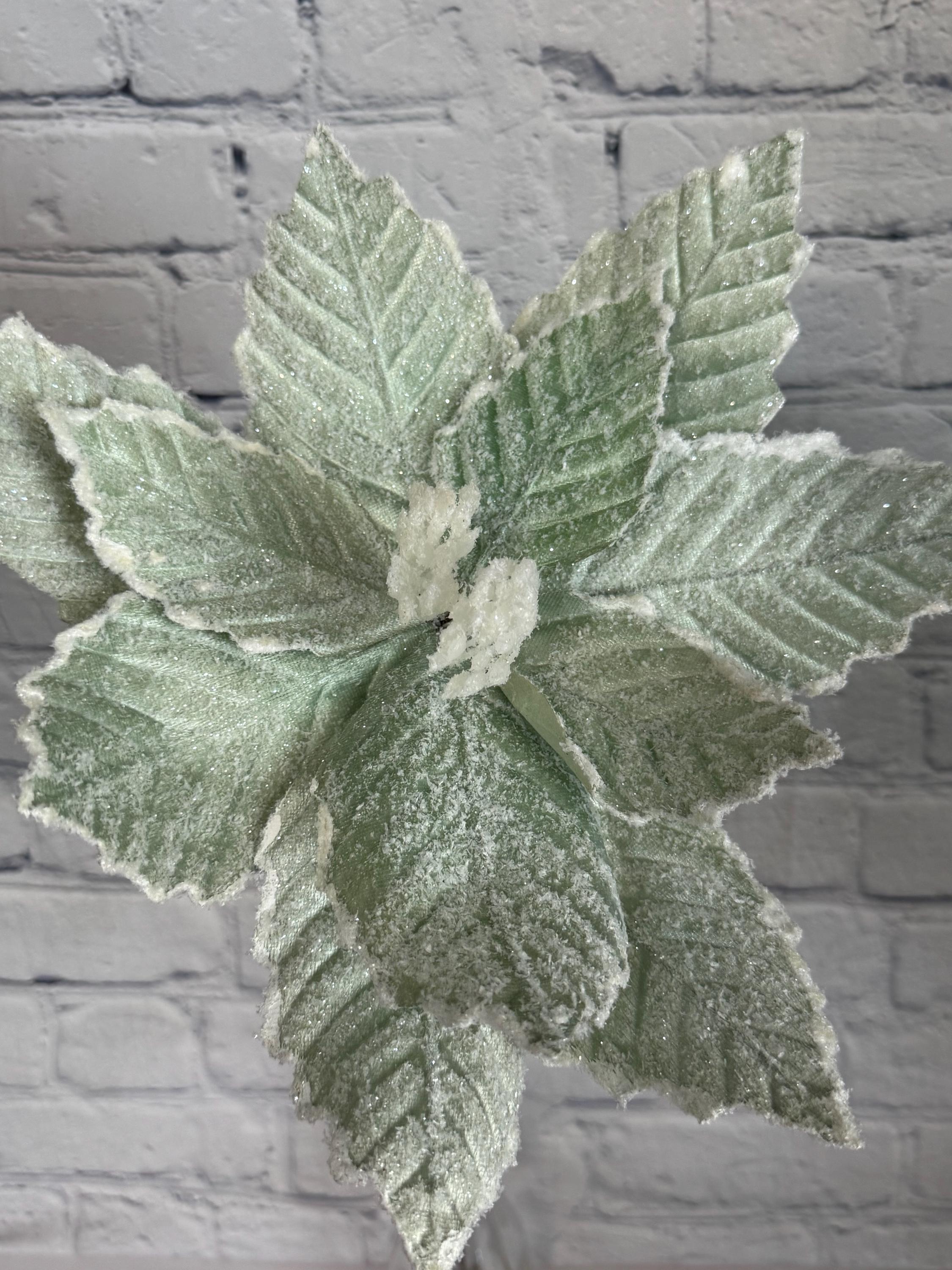 Mint Green Glitter Velvet Snow Edge Poinsettia Stem 24" Winter Spray ...