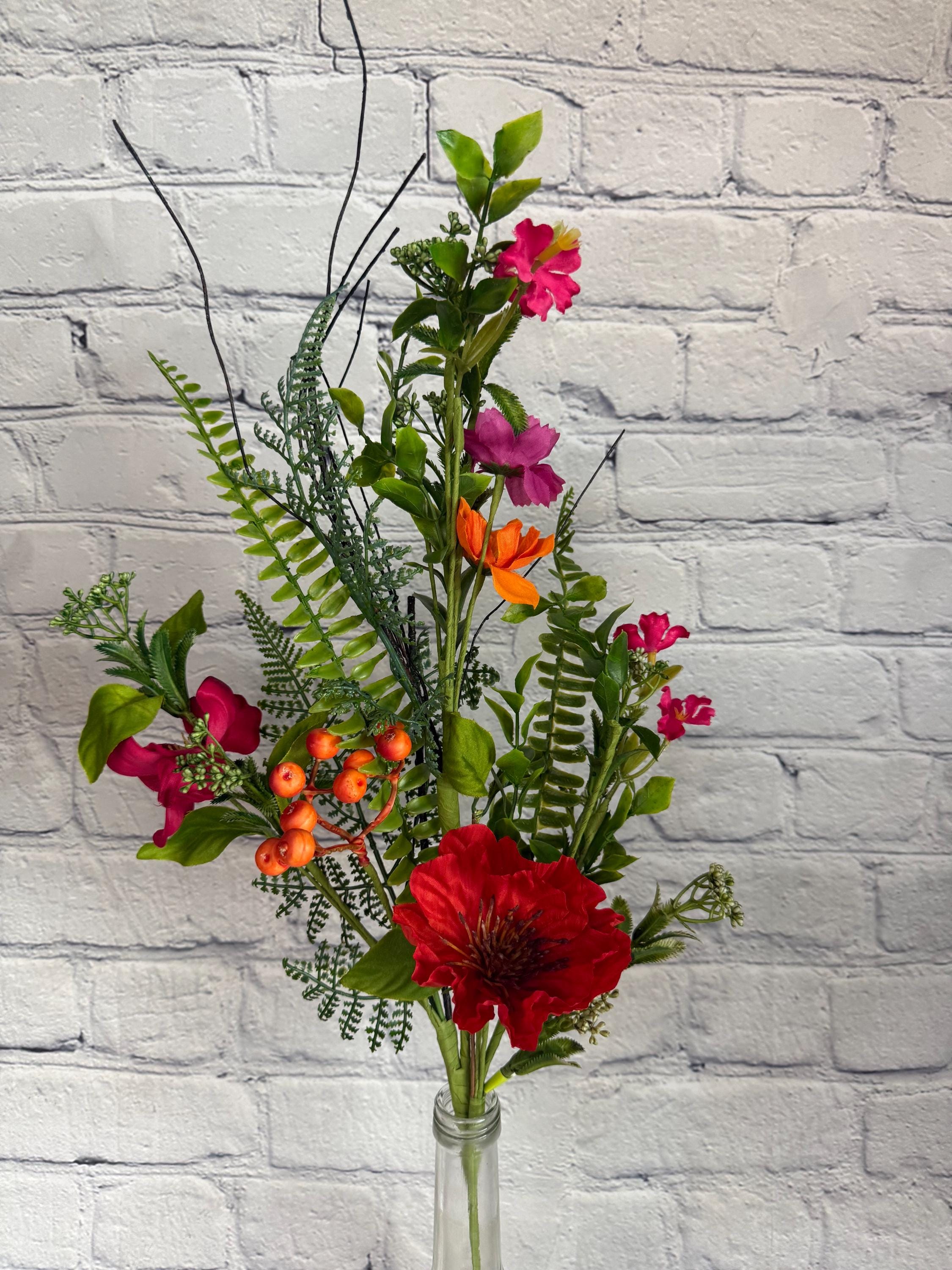 Hot Pink & Orange Wildflower Spray  28” Tall Artificial Floral Pick Spray and Greenery Filler Spray  Floral Supply, Floral Bushes, 63458SP28