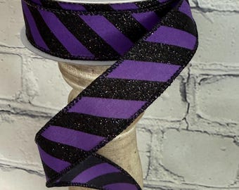 Purple and Black Diagonal Glitter Stripe Ribbon 7/8" x 10 Yards, Wired Halloween Ribbon for Wreaths, Crafts & Spooky Decor, RGF794423