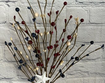Red White and Blue PIP Berry and Star Pick 24”, July 4th Wreath Embellishment Supply, Floral Supply, Bouquets, MT22196
