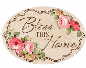 Sign, “Bless This Home” Oval Metal Sign – 15" L x 10.25" H, Wreaths, Wreath Embellishment Supplies