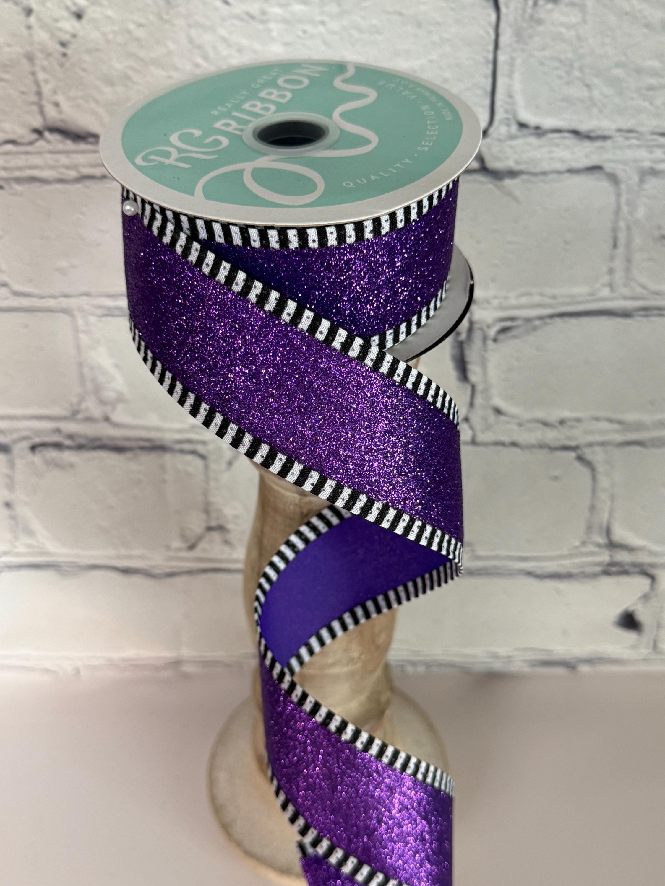 Purple Shimmer Glitter With Black and White Stripe Wired Ribbon