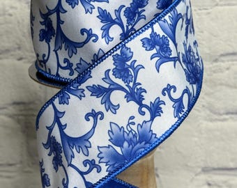 Chinoiserie Blue and White Dupion Wired Ribbon 2.5” X 10 Yards, D