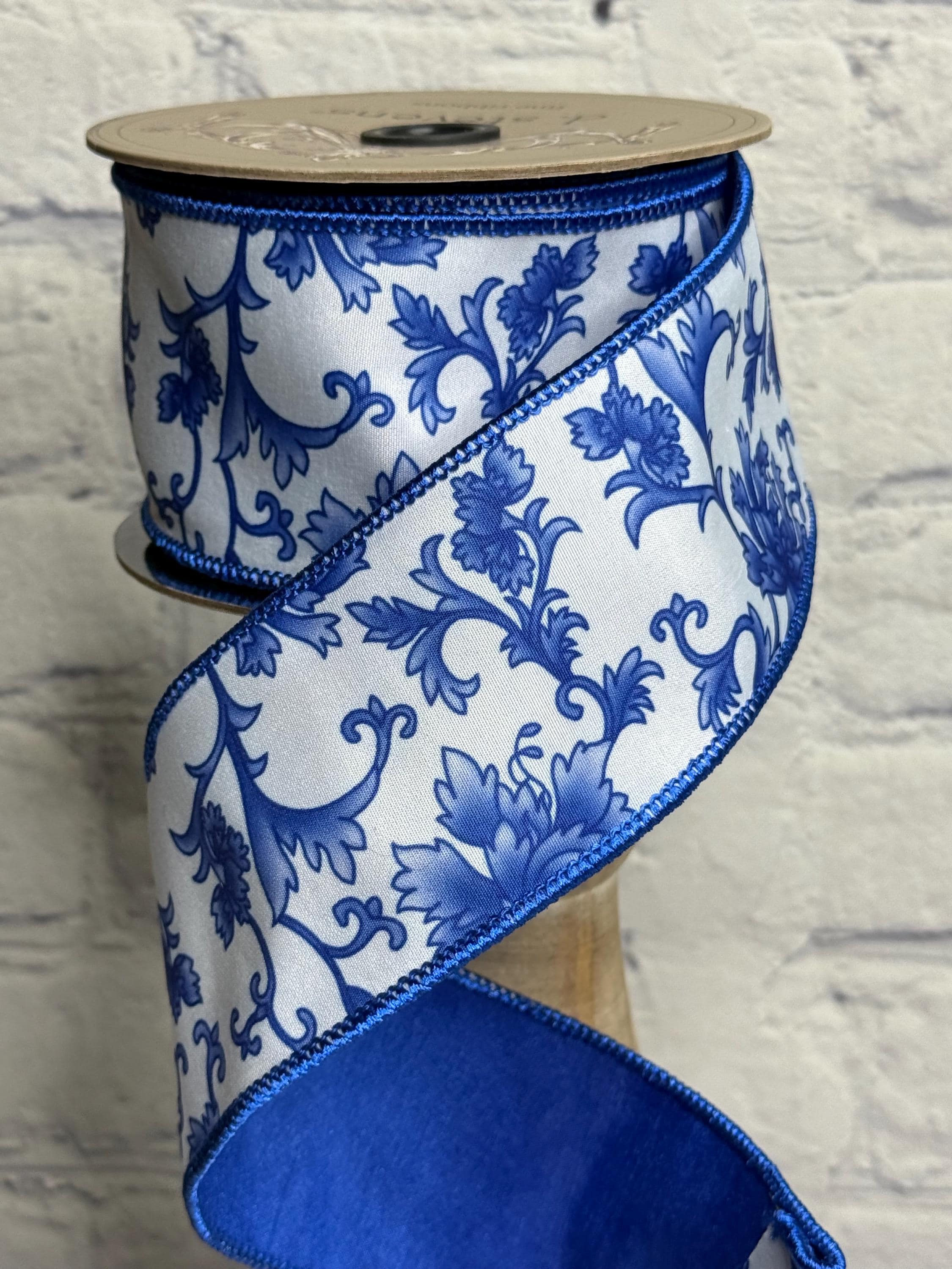 Chinoiserie Blue and White Dupion Wired Ribbon 2.5” X 10 Yards, D