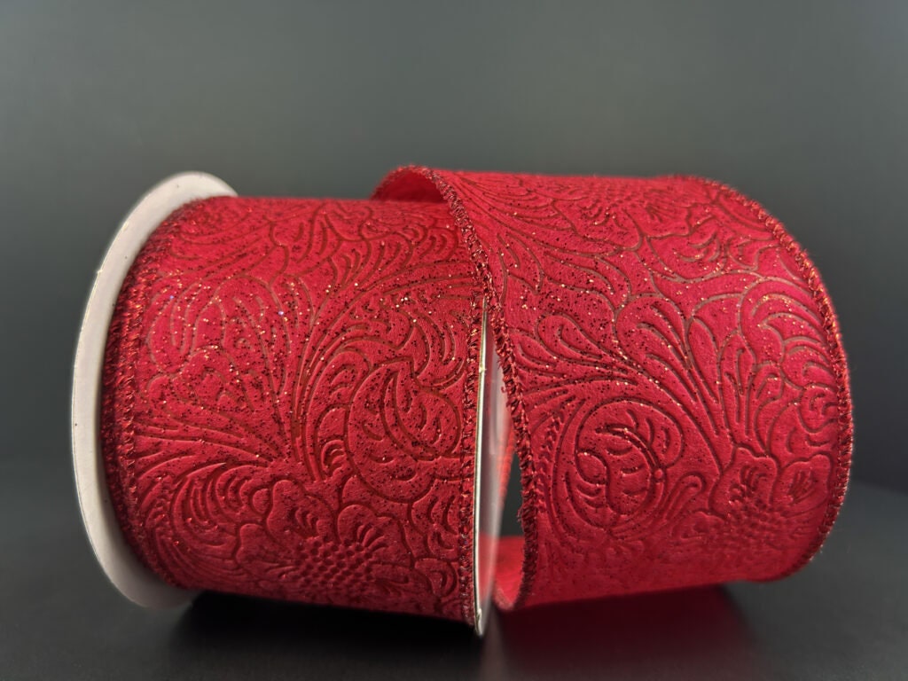 Ribon★(◕ᴗ◕✿)♪̆̈ Embossed Ribbon, Red Glittered Floral, 2.5” X 10 Yards, Jascotina