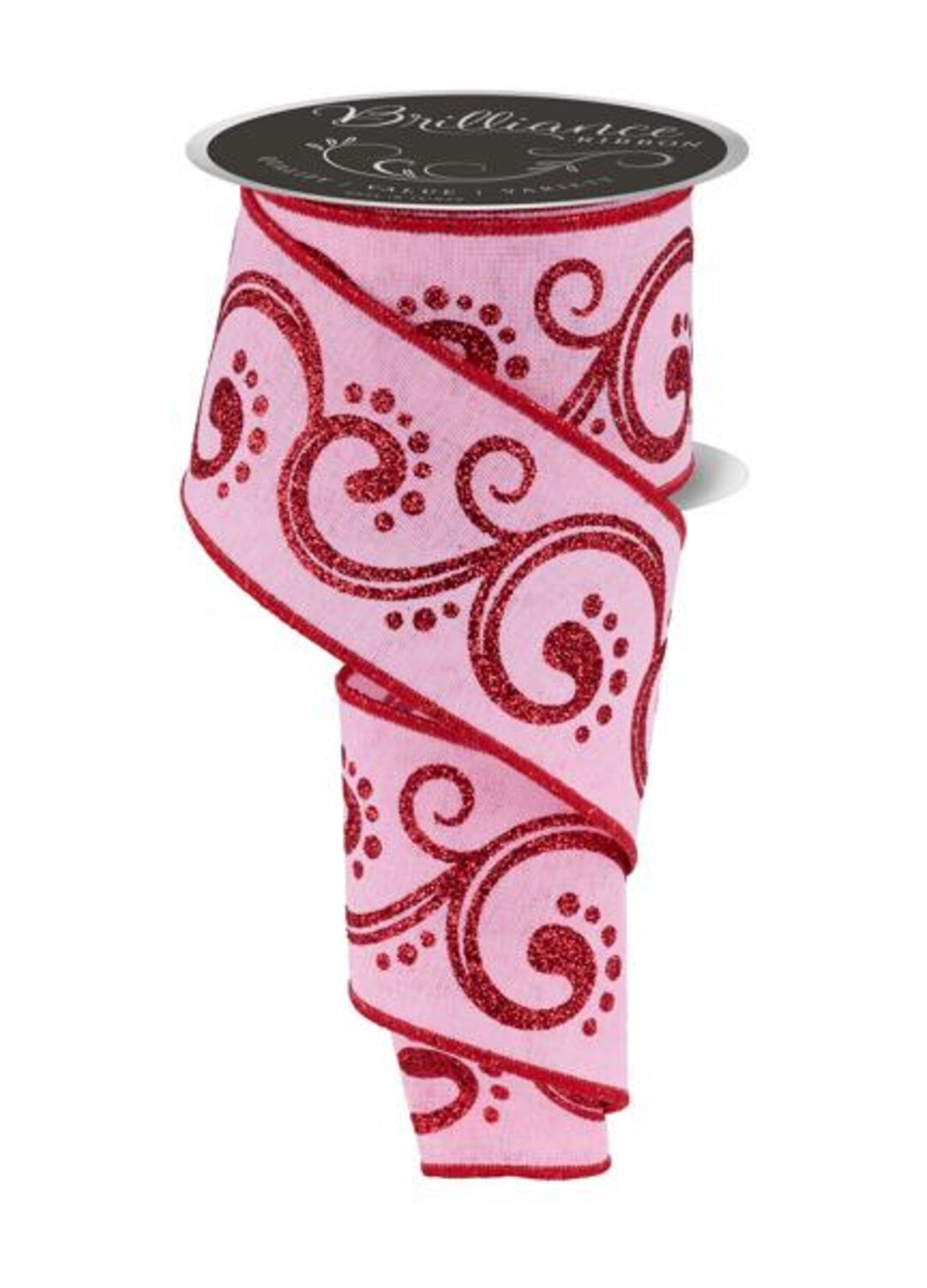Valentines Ribbon Pink Ribbon With Red Glitter Swirls – 2.5