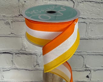 Candy Corn Halloween Ribbon, 2.5" x 10yd Yellow, White & Orange Faux 3-in-1 Vertical Stripe Ribbon RGE1608J8