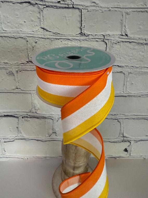 Candy Corn Halloween Ribbon, 2.5" x 10yd Yellow, White & Orange Faux 3-in-1 Vertical Stripe Ribbon RGE1608J8