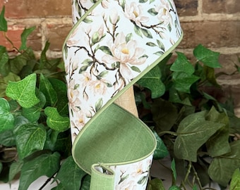 Magnolia Ribbon, Fused with Sage Green Backing 4” x 10 Yards Wired Ribbon, Ribbon for Wreaths, Crafts or Floral Designs, LX101627