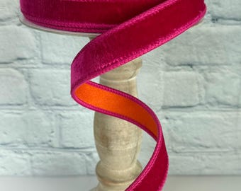 Hot Pink and Orange Velvet Wired Ribbon 1” x 10 Yds, Spring, Summer or Easter Ribbon for Wreaths, Crafts or Floral Designs, RK740-15