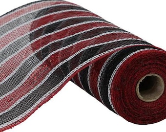 Red Black and White Stripe Metallic meshMesh  10.25" X 10 Yards RY8513H9