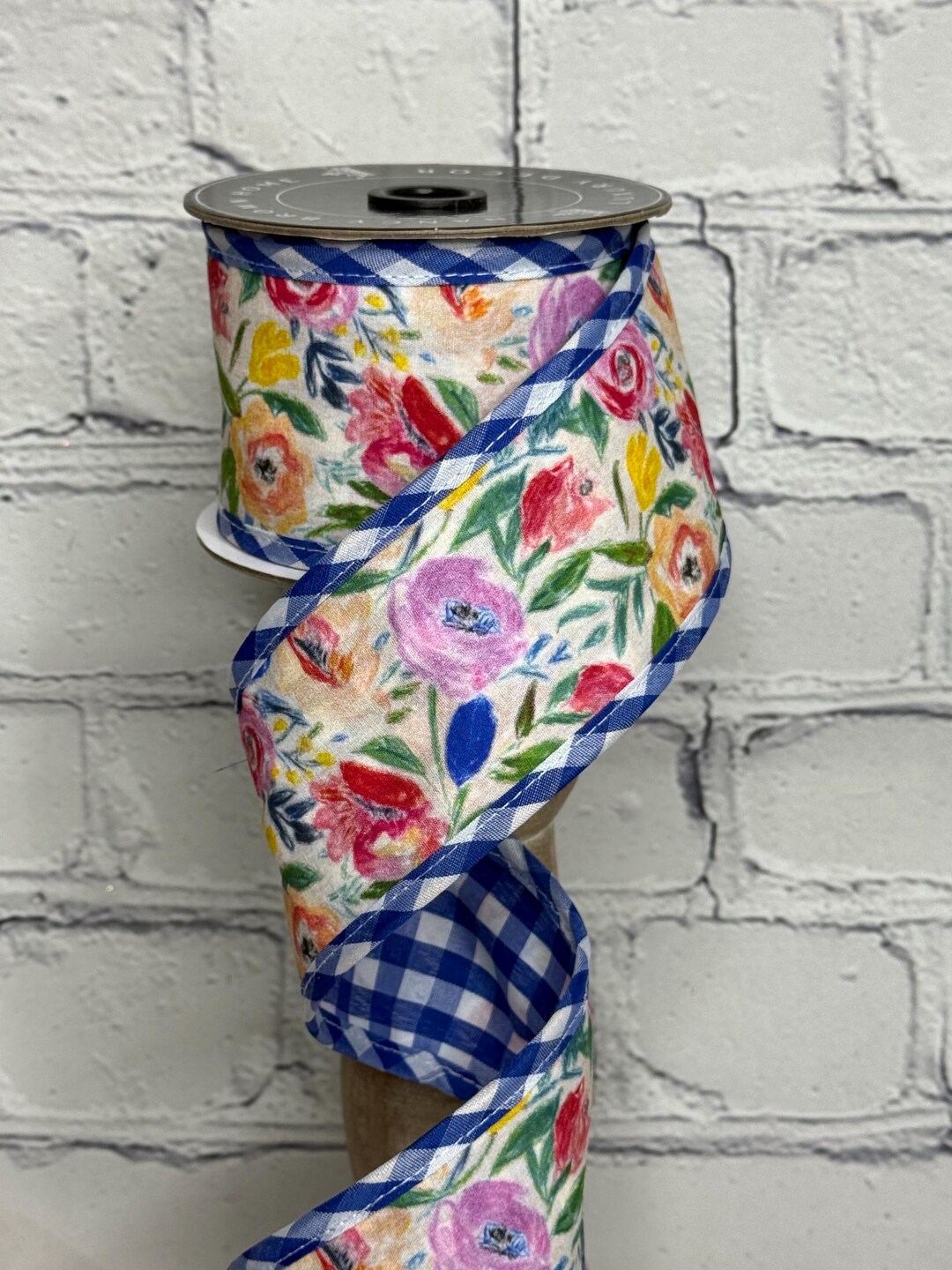 Blue Floral Wired Ribbon With Blue & White Gingham Edge – 2.5