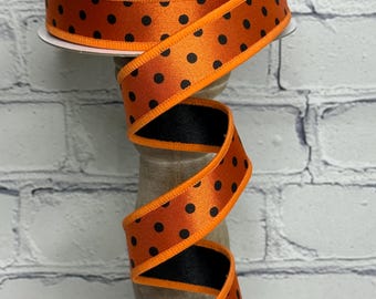 Black & Orange Polka Dot with Black Backing 7/8” x 10 Yards Wired Ribbon, Halloween Ribbon for Wreaths, LX3049P2
