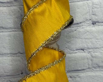 Gold Dupion with Gold Tinsel Edge 2.5” x 5 Yards, Ribbon for Wreaths, Crafts or Floral Designs 87-1211