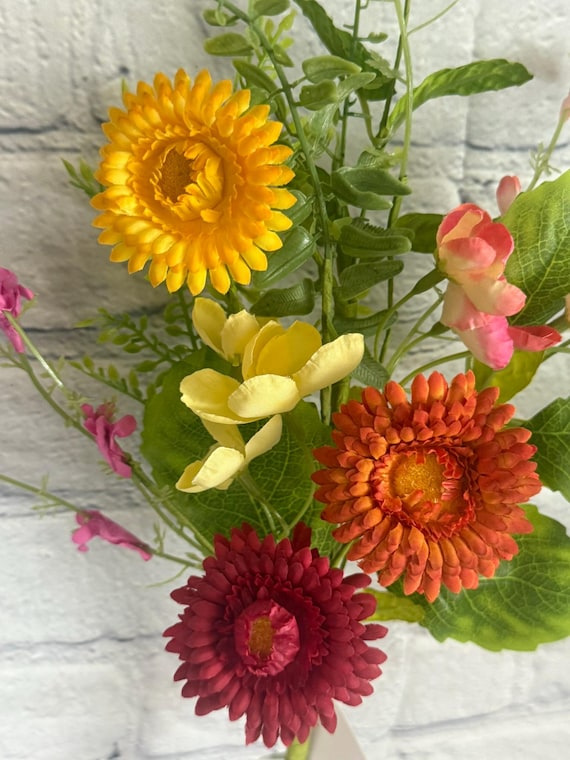 Mixed Spring or Summer Flower Pick 19”, Yellow, Red & Orange