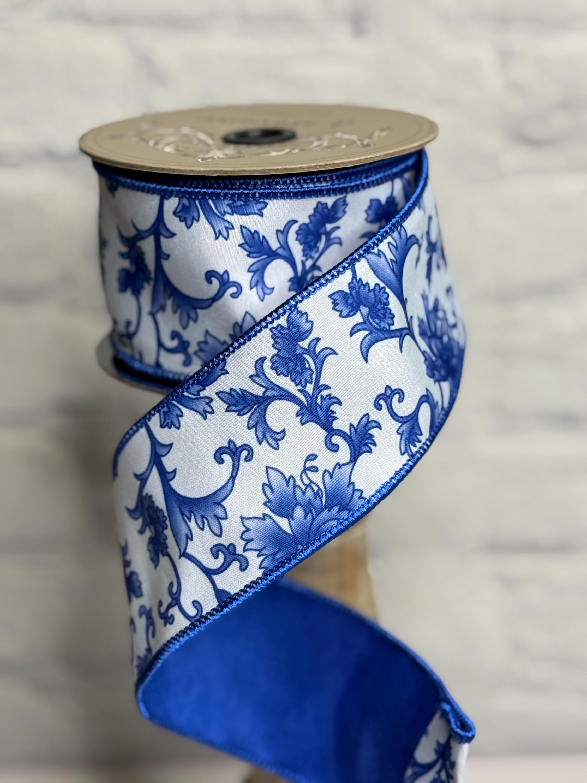 Chinoiserie Blue and White Dupion Wired Ribbon 2.5” X 10 Yards, D