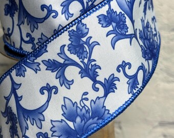 Chinoiserie Blue and White Dupion Wired Ribbon 2.5” X 10 Yards, D