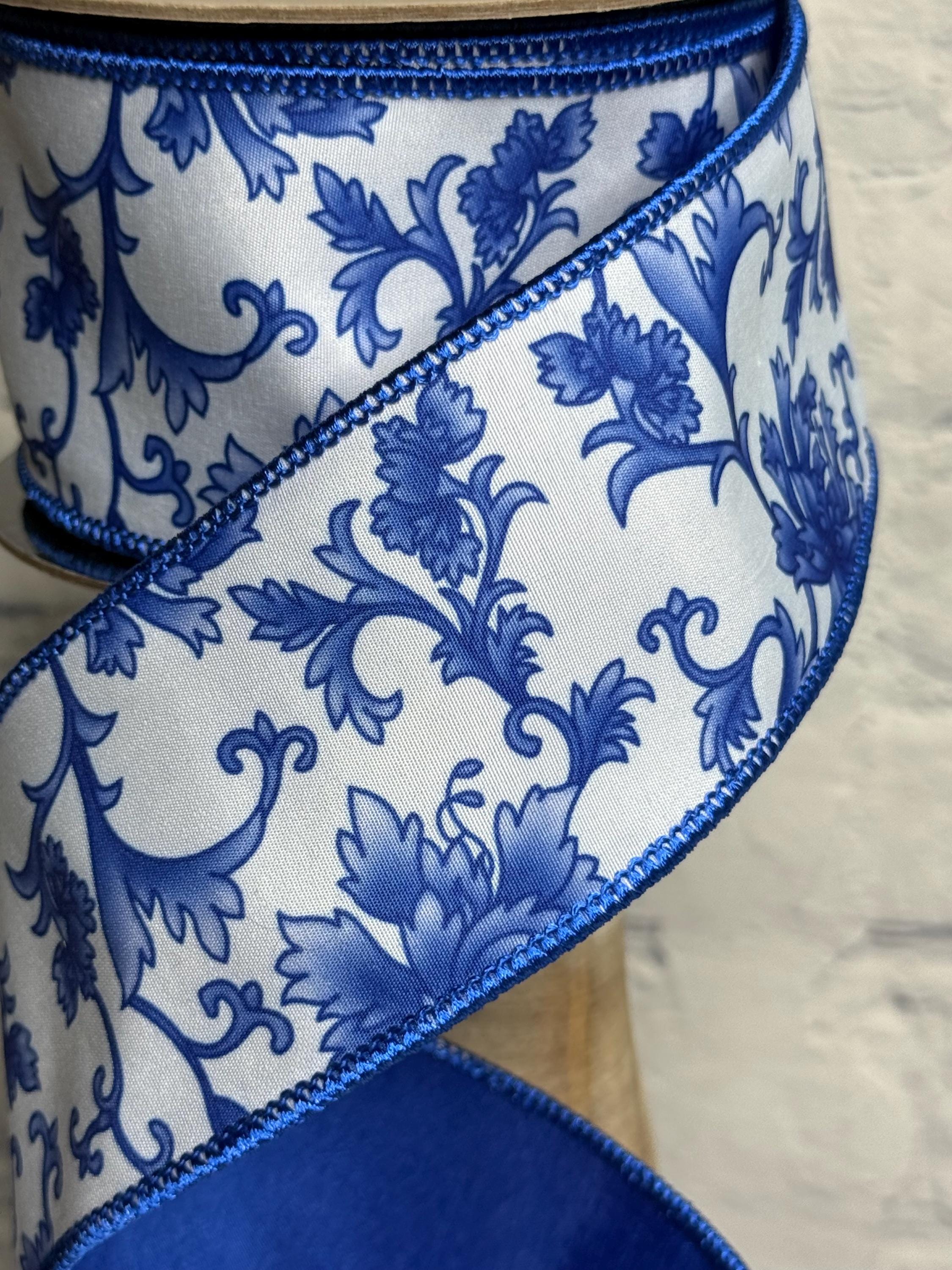Chinoiserie Blue and White Dupion Wired Ribbon 2.5” X 10 Yards, D