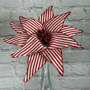 Red And White Canvas Stripe Glittered Edge Poinsettia, Glitter Pick Spray for Wreaths, Centerpieces, Garlands, Christmas Trees, 259903