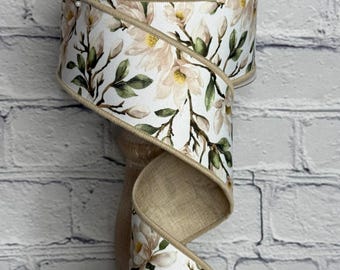 Magnolia Ribbon, Fused with Cream Backing 2.5” x 10 Yards Wired Ribbon, Ribbon for Wreaths, Crafts or Floral Designs, LX101537
