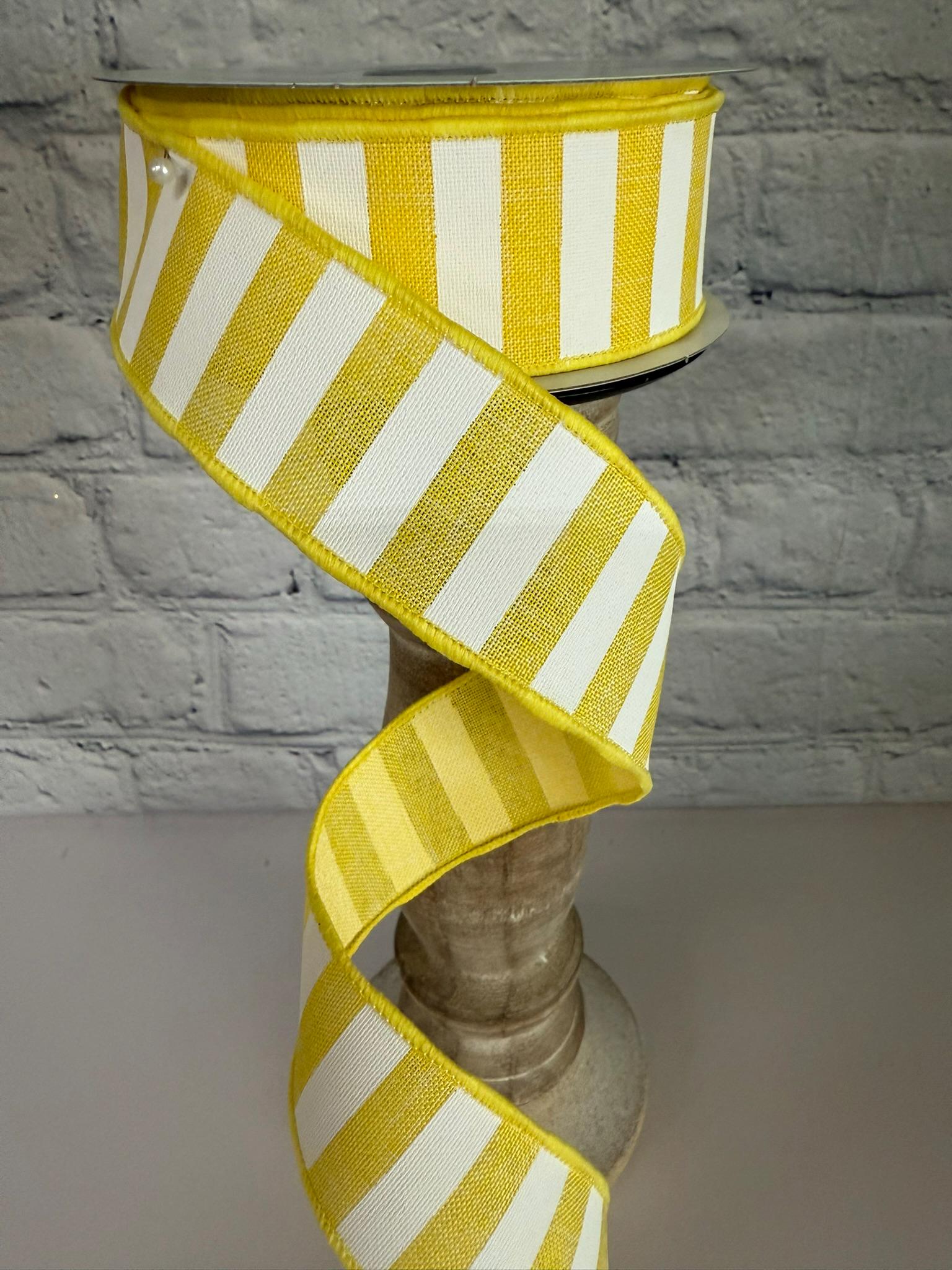 Yellow & White Striped Burlap Ribbon - 1.5 Inch X 10 Yards Wired Edge Craft & Gift Wrap Ribbon