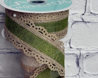 Moss Geen Burlap with Light Beige Scalloped Edge 1.5” x 10 Yards Wired Ribbon,  Fall Ribbon for Wreaths, Crafts or Floral Designs RGA15414M