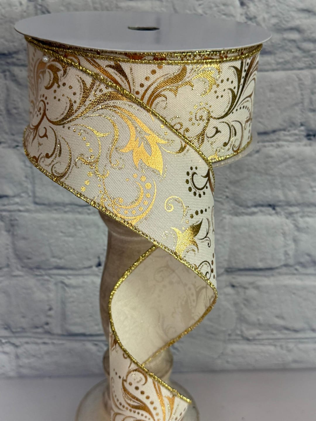 Ivory Faux Linen Ribbon With Metallic Gold Scroll 1