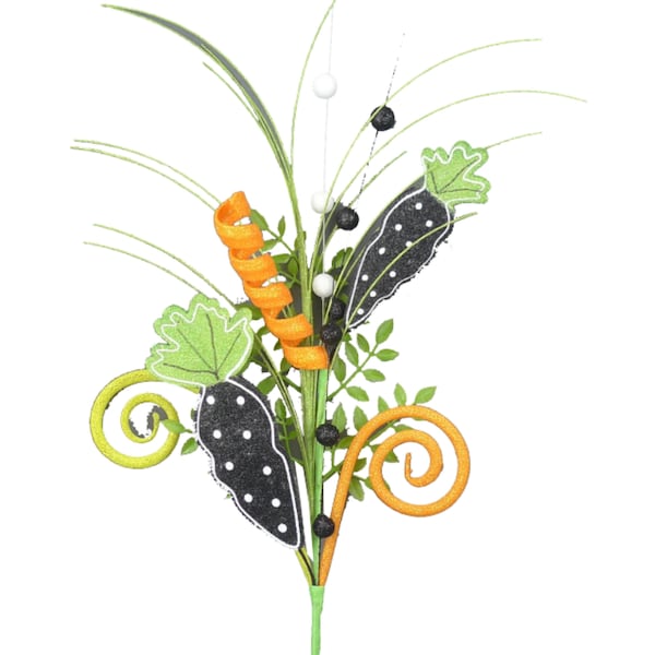 Glitter Black With White Polka Dot Carrot Spray 27”, Spring and Easter Wreath Embellishment Spray
