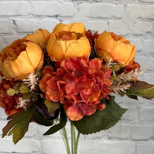 Peony Hydrangea Orange Bush Bouquet 23"L, Fall Wreath Supplies, Floral and Garden Wreath Embellishment, Rustic Wedding Bouquet, 20137