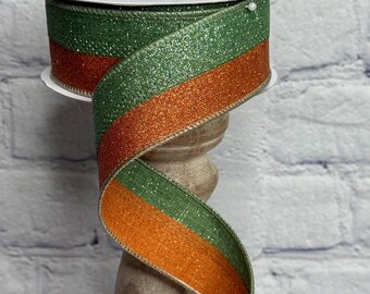Sage Green & Pumpkin Orange 2-in-1 Fine Glitter 1.5” x 10 Yards, Fall Ribbon for Wreaths, Crafts or Floral Designs, RGC8117X2