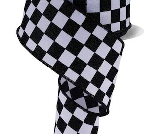 Black and White Glitter Check Wired Ribbon 2.5” x 10 yds, Ribbon for Wreaths, Crafts or Floral, RGH1060X6