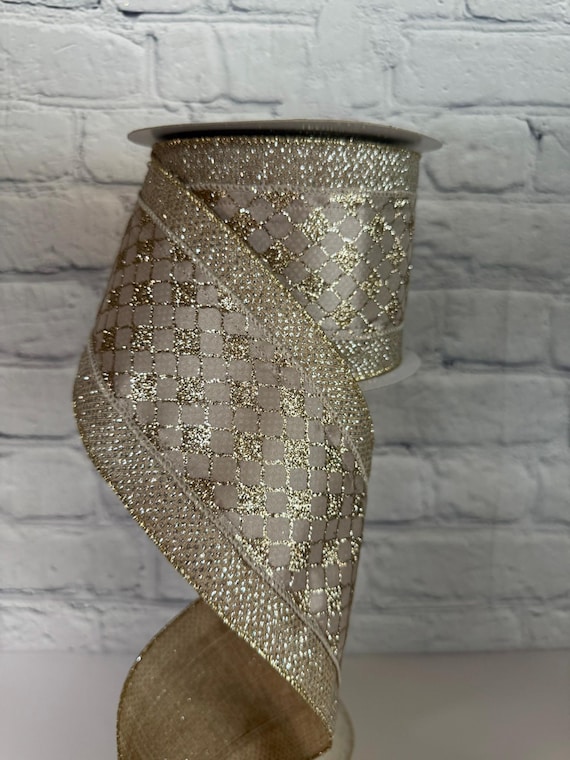 Champagne Ribbon, Glitter Satin w/ vine leaf 4”X 10 Yards Premium Ribbon for Wreath, Craft Floral, Bow Designs MTX71844