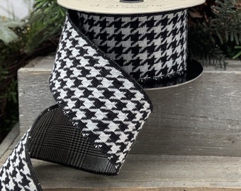 Hounds Tooth Wired Ribbon, Glen Plaid Designer Ribbon, Ribbon for Making Wreaths, Black and White Luxury Wreath Supplies, Checkered Ribbon