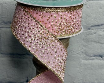Light Pink with Glitter Gold and White Dots 1.5” x 10 Yards, Ribbon for Wreaths, Crafts or Floral Designs, RGC190915