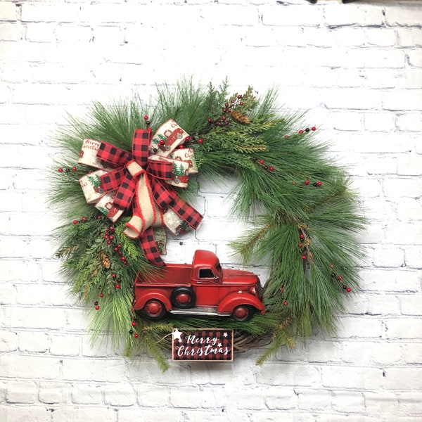 Red Truck Farmhouse Christmas Wreath For Front Door, Evergreen Wreath for Front Porch, Rustic Country Holiday Christmas Décor, 27” High
