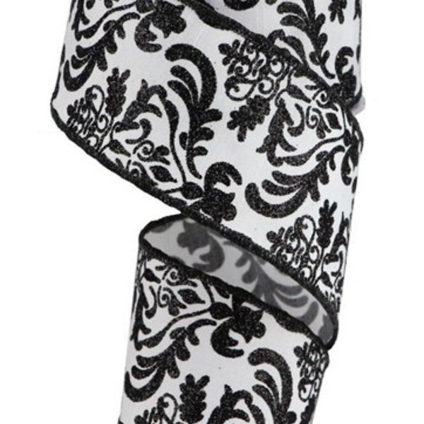 White Wired Ribbon with Black Damask Design 2.5” x 10 Yards,  Ribbon for Wreaths, Crafts or Floral Designs RGB1325x6