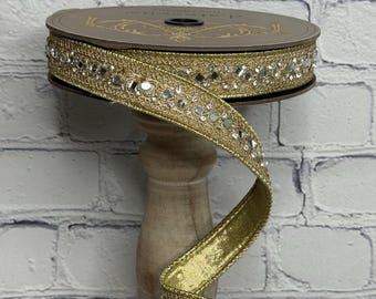 Gold Metallic w/ Clear Jewel Mirror Ribbon – Gold | 1" x 10 Yards, D. Stevens, 05-2356