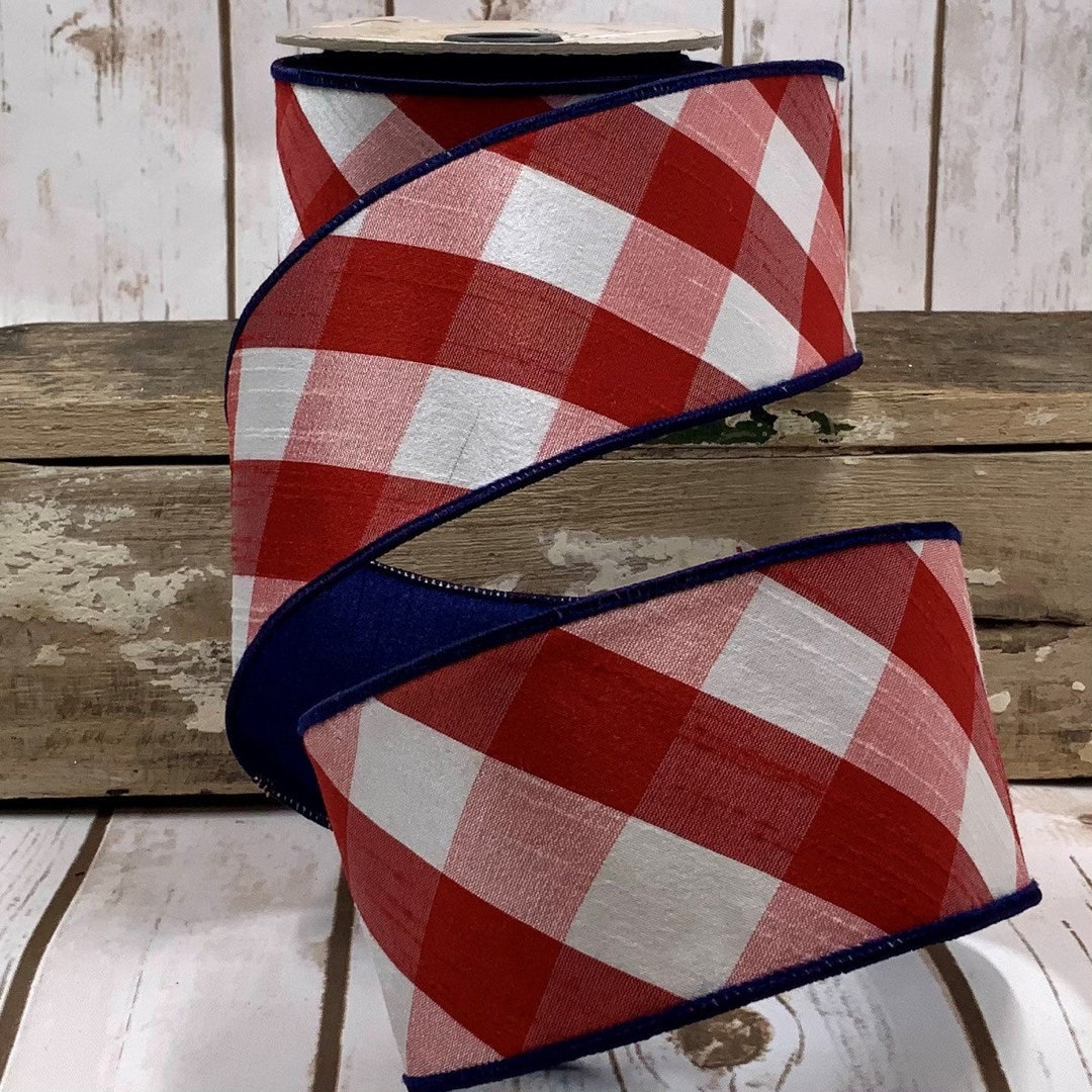 Red White and Blue Diagonal Check Dupion Wired Ribbon 2.5”X10 Yards ...