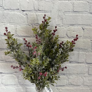 Iced Boxwood Bush with Red Berries 18” x 7, Mix Greenery Bush Vase Filler, Winter Stem Wreath Embellishment Supply, Floral Supply, 82839