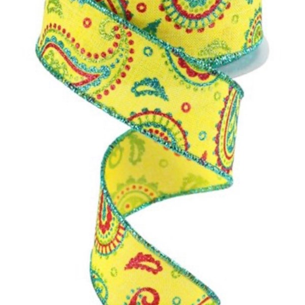 Yellow with Lime, hot pink, Turquoise Paisley Wired Ribbon 1.5” x 10 Yards,  Ribbon for Wreaths, Crafts or Floral Designs RGC137529